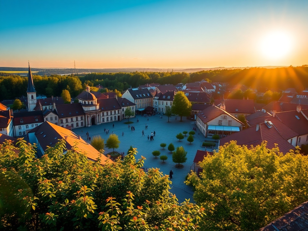 Plakat informacyjny o majówce w Milanówku z elementami nawiązującymi do wiosny i lokalnych atrakcji.
